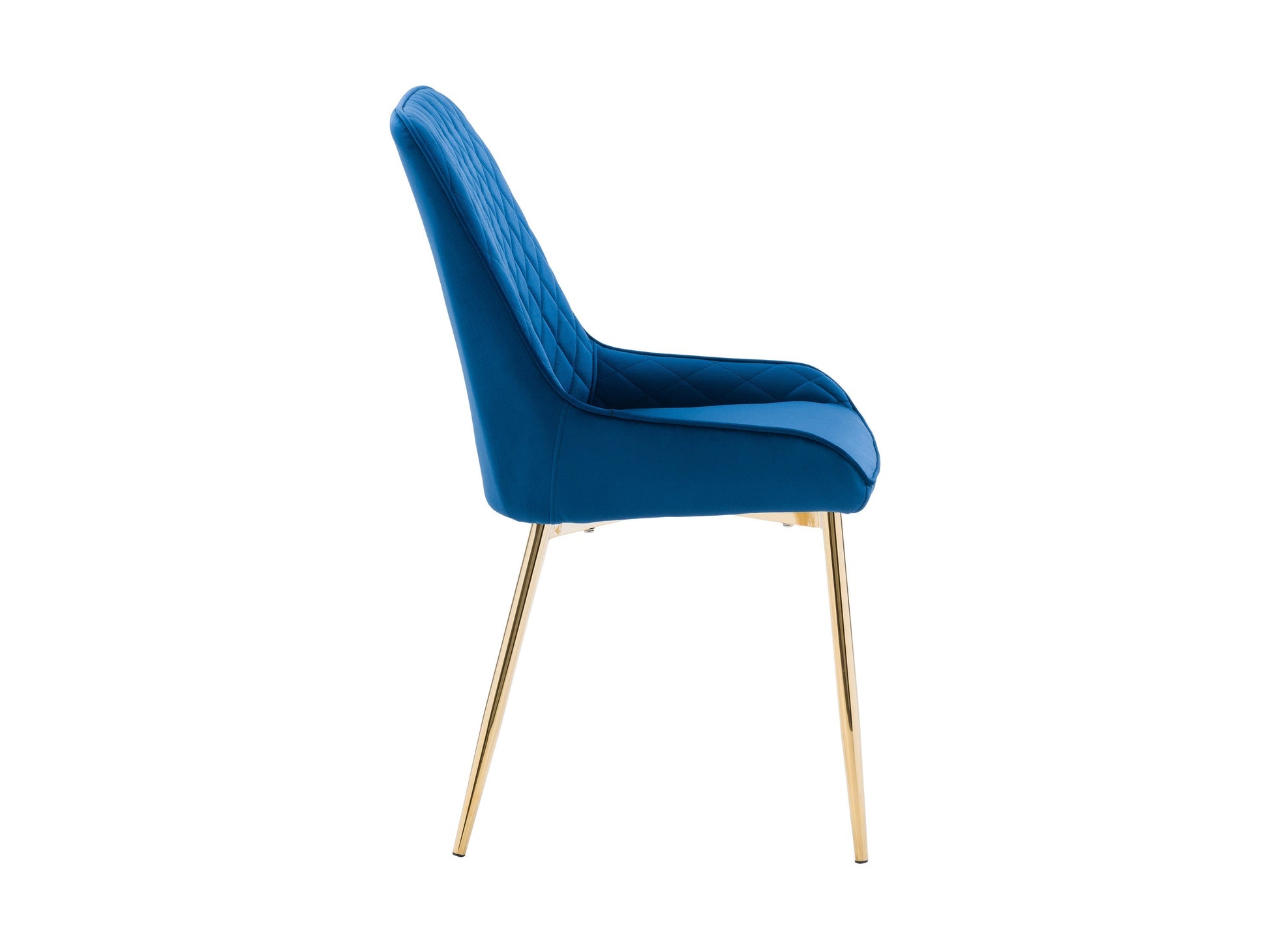 Navy blue velvet dining chairs set of 2 with gold metal legs, tufted backrest, and ergonomic design for modern dining rooms.