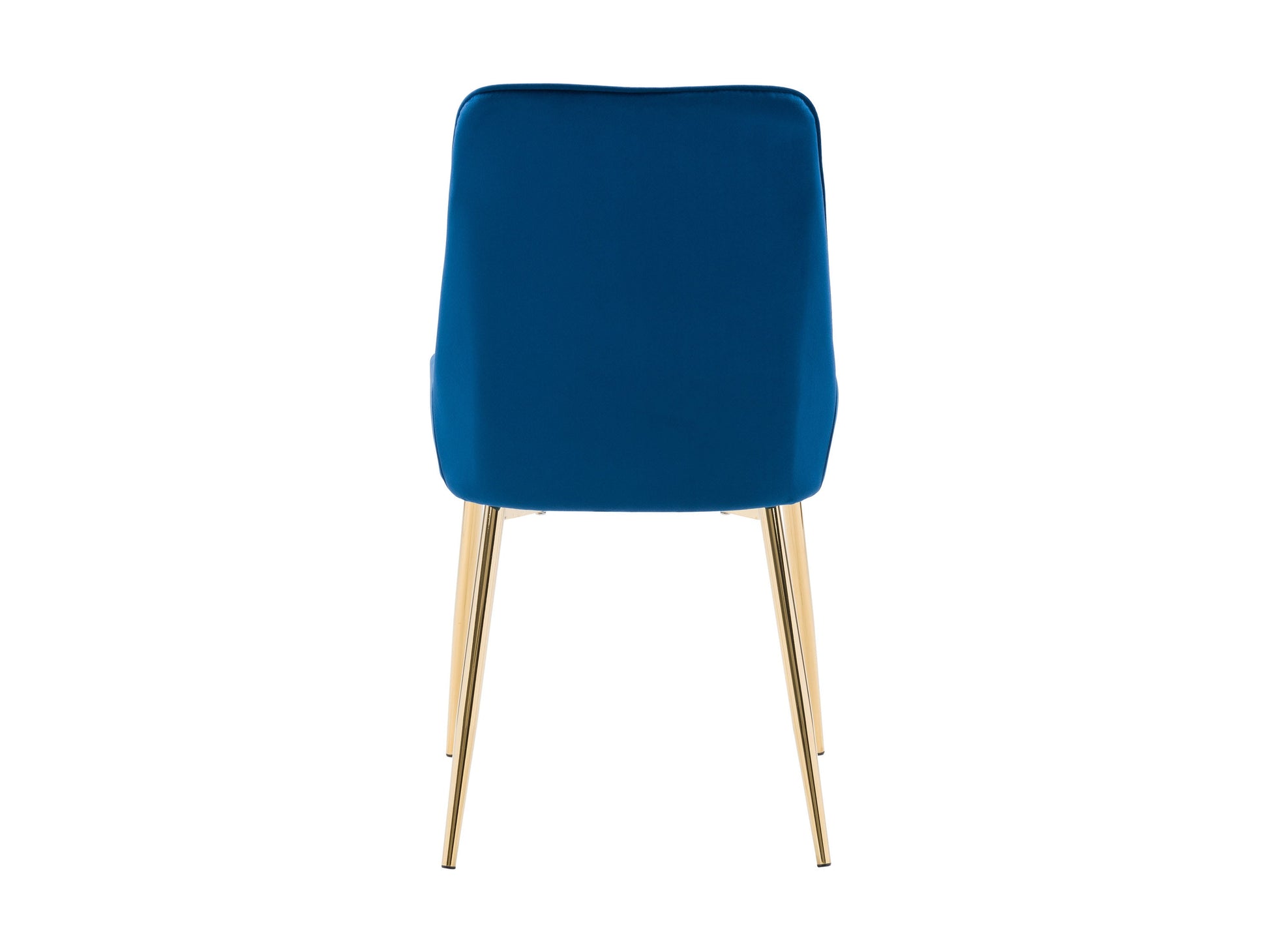 Navy blue velvet dining chairs set of 2 with gold metal legs, tufted backrest, and ergonomic design for modern dining rooms.