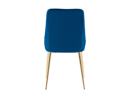 Navy blue velvet dining chairs set of 2 with gold metal legs, tufted backrest, and ergonomic design for modern dining rooms.