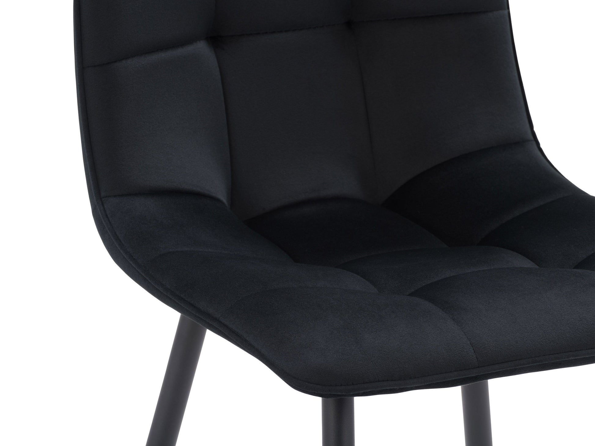 Black velvet upholstered dining chairs, set of 2, featuring sleek gold metal legs, plush cushioning, and a modern design perfect for contemporary dining rooms or elegant kitchen spaces.