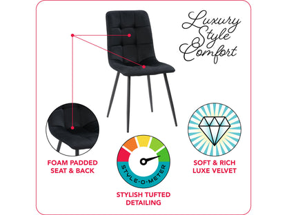 Black velvet upholstered dining chairs, set of 2, featuring sleek gold metal legs, plush cushioning, and a modern design perfect for contemporary dining rooms or elegant kitchen spaces.