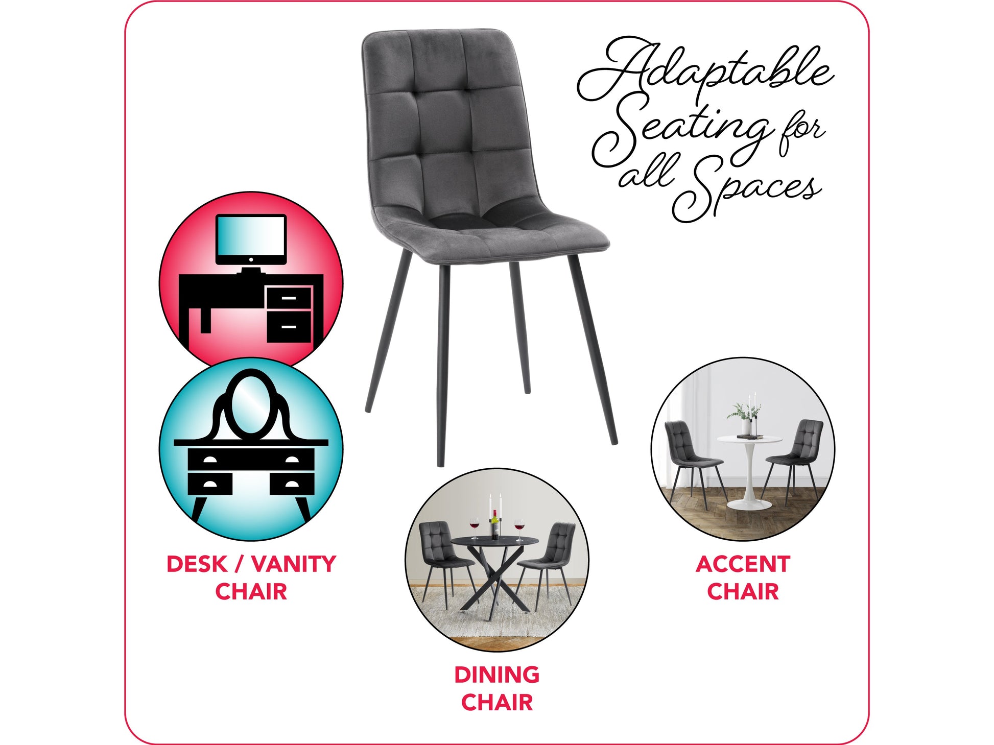 Grey velvet upholstered dining chairs, set of 2, featuring sleek metal legs, plush cushioning, and a modern design perfect for contemporary dining rooms.