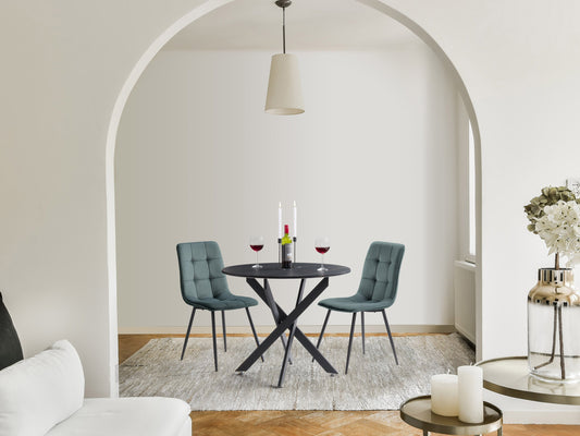 Velvet upholstered dining chairs in teal grey, set of 2, featuring sleek metal legs, plush velvet fabric, and ergonomic design for dining room or kitchen.