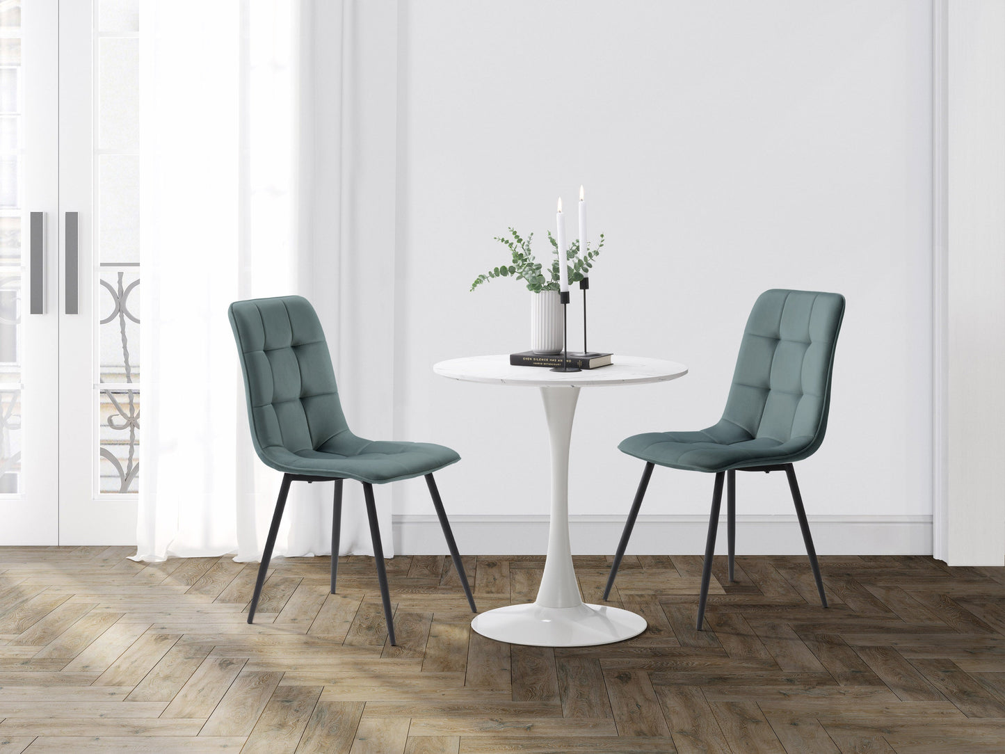 Velvet upholstered dining chairs in teal grey, set of 2, featuring sleek metal legs, plush velvet fabric, and ergonomic design for dining room or kitchen.