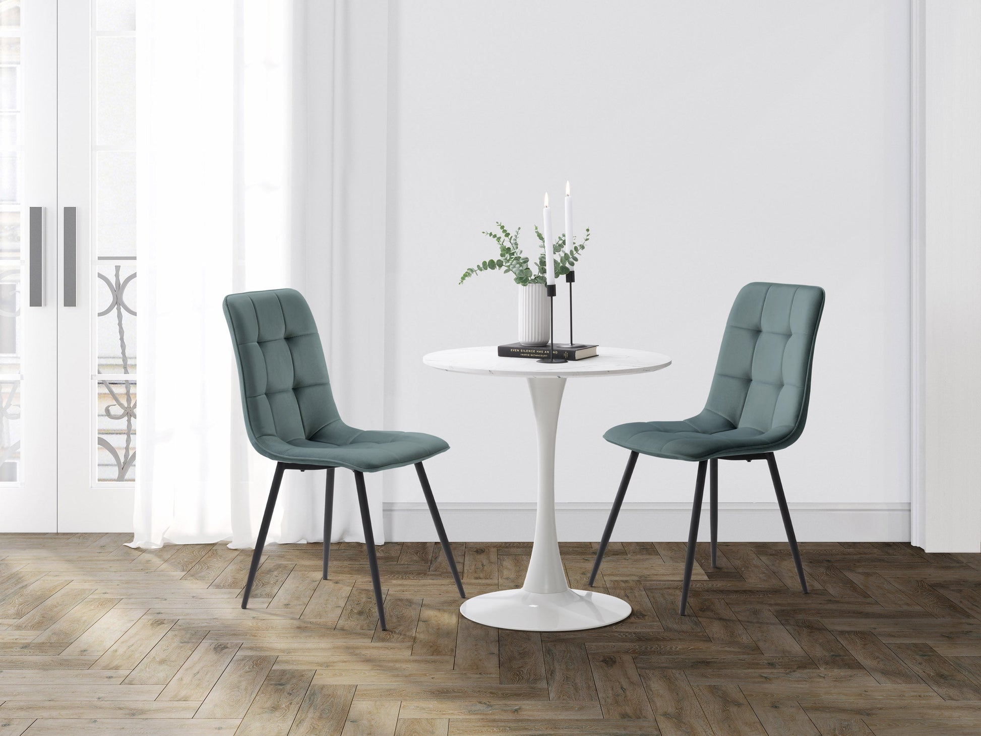 Velvet upholstered dining chairs in teal grey, set of 2, featuring sleek metal legs, plush velvet fabric, and ergonomic design for dining room or kitchen.