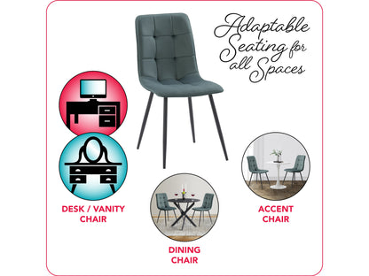 Velvet upholstered dining chairs in teal grey, set of 2, featuring sleek metal legs, plush velvet fabric, and ergonomic design for dining room or kitchen.