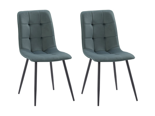 Velvet upholstered dining chairs in teal grey, set of 2, featuring sleek metal legs, plush velvet fabric, and ergonomic design for dining room or kitchen.