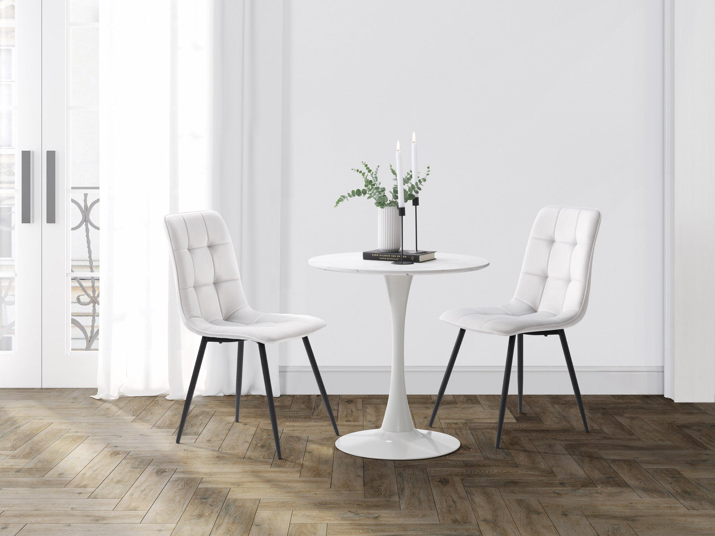 Light grey velvet upholstered dining chairs, set of 2, with tufted backs, wooden legs, and elegant design perfect for modern dining rooms.