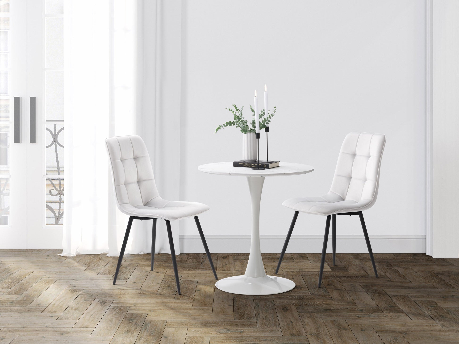 Light grey velvet upholstered dining chairs, set of 2, with tufted backs, wooden legs, and elegant design perfect for modern dining rooms.
