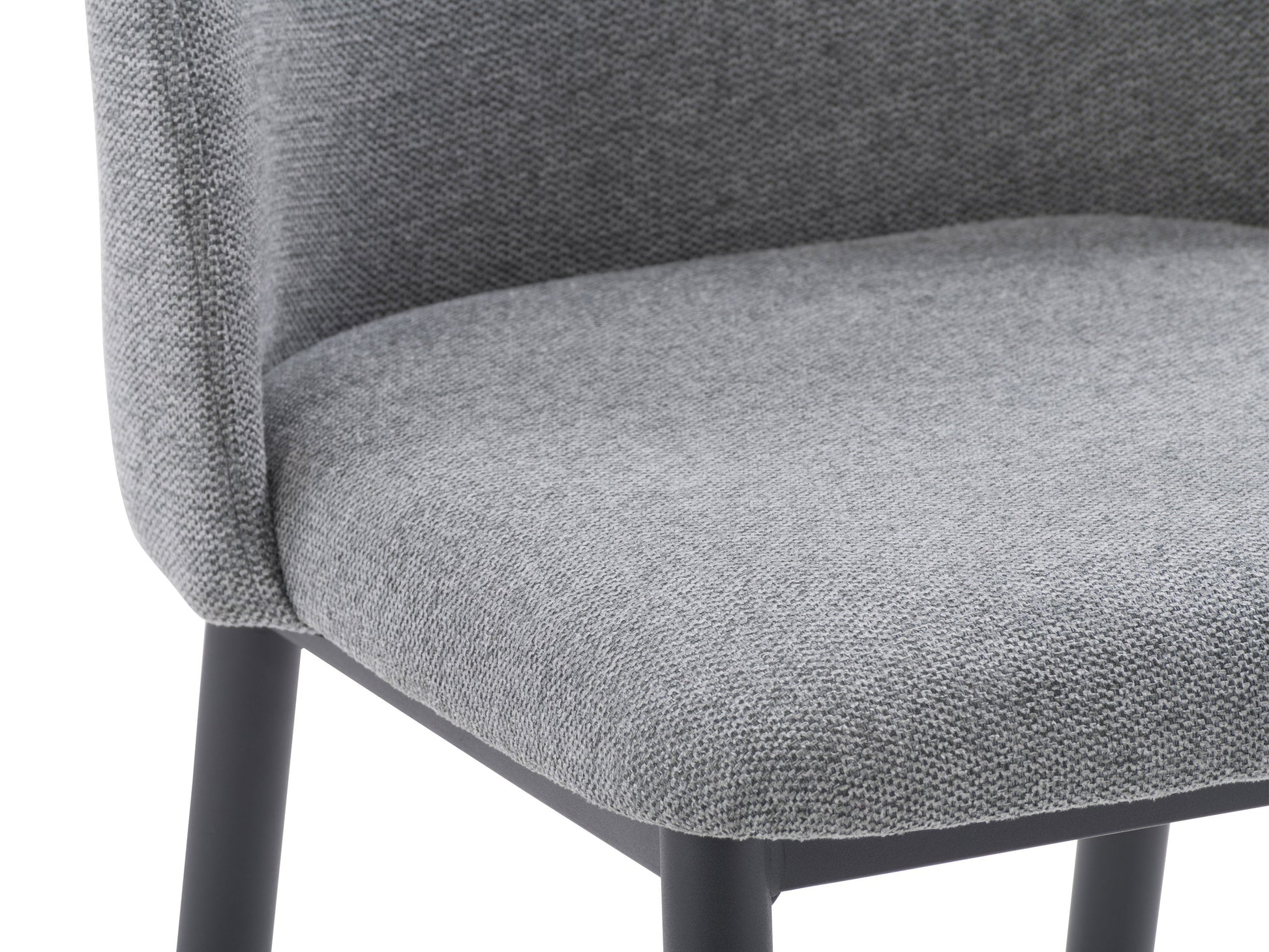 Set of 2 grey curved dining chairs with plush upholstery, sleek metal legs, and modern design, perfect for contemporary dining rooms, offering comfort and style with a minimalist aesthetic.