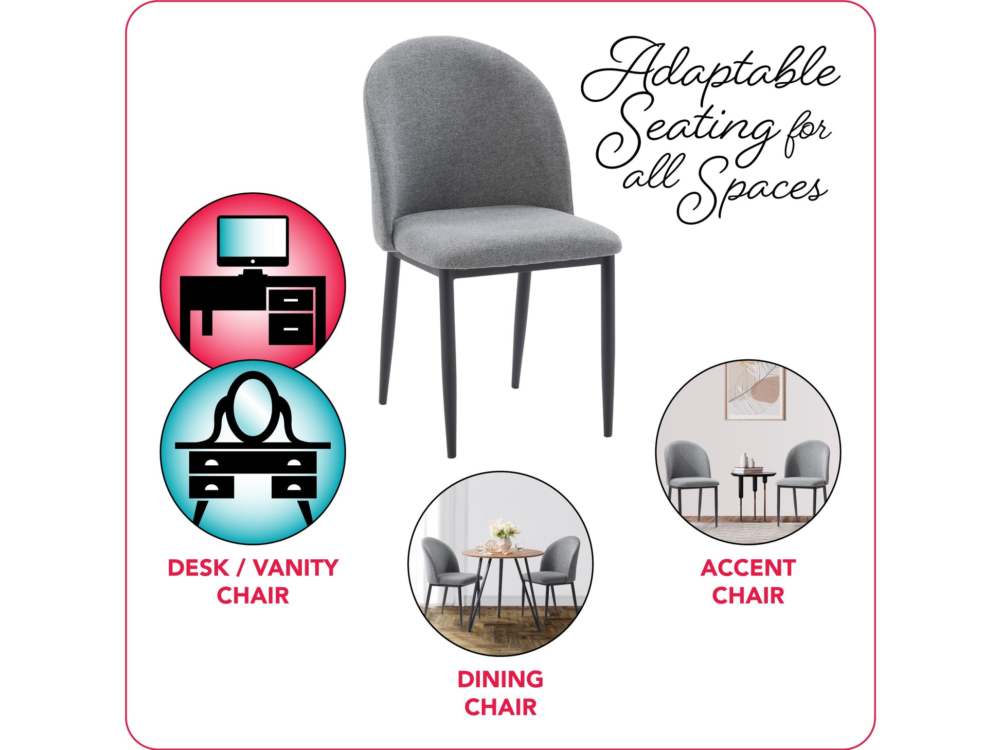 Set of 2 grey curved dining chairs with plush upholstery, sleek metal legs, and modern design, perfect for contemporary dining rooms, offering comfort and style with a minimalist aesthetic.