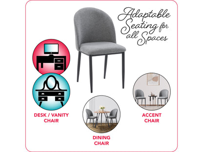 Set of 2 grey curved dining chairs with plush upholstery, sleek metal legs, and modern design, perfect for contemporary dining rooms, offering comfort and style with a minimalist aesthetic.