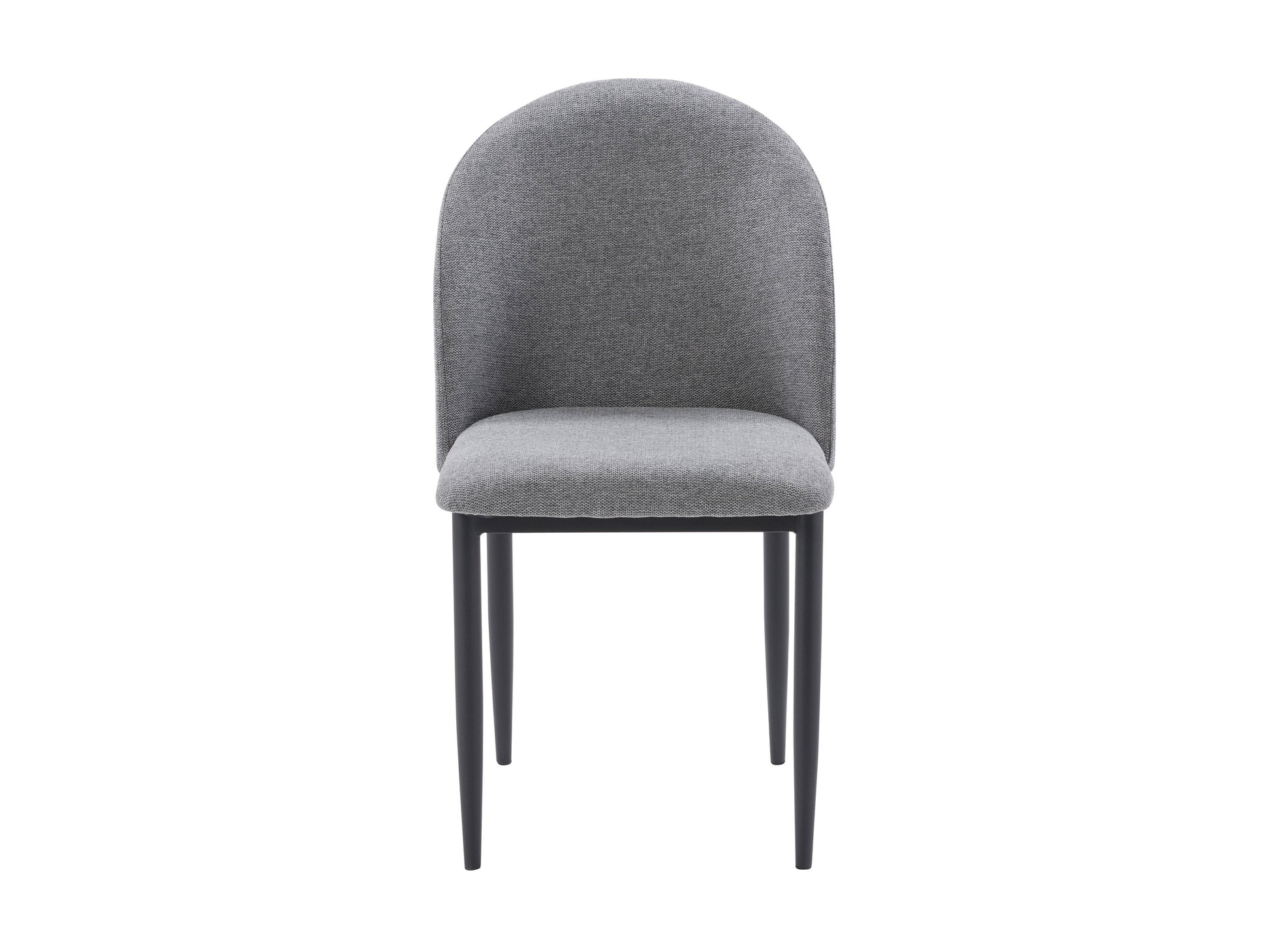 Set of 2 grey curved dining chairs with plush upholstery, sleek metal legs, and modern design, perfect for contemporary dining rooms, offering comfort and style with a minimalist aesthetic.