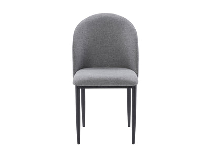 Set of 2 grey curved dining chairs with plush upholstery, sleek metal legs, and modern design, perfect for contemporary dining rooms, offering comfort and style with a minimalist aesthetic.