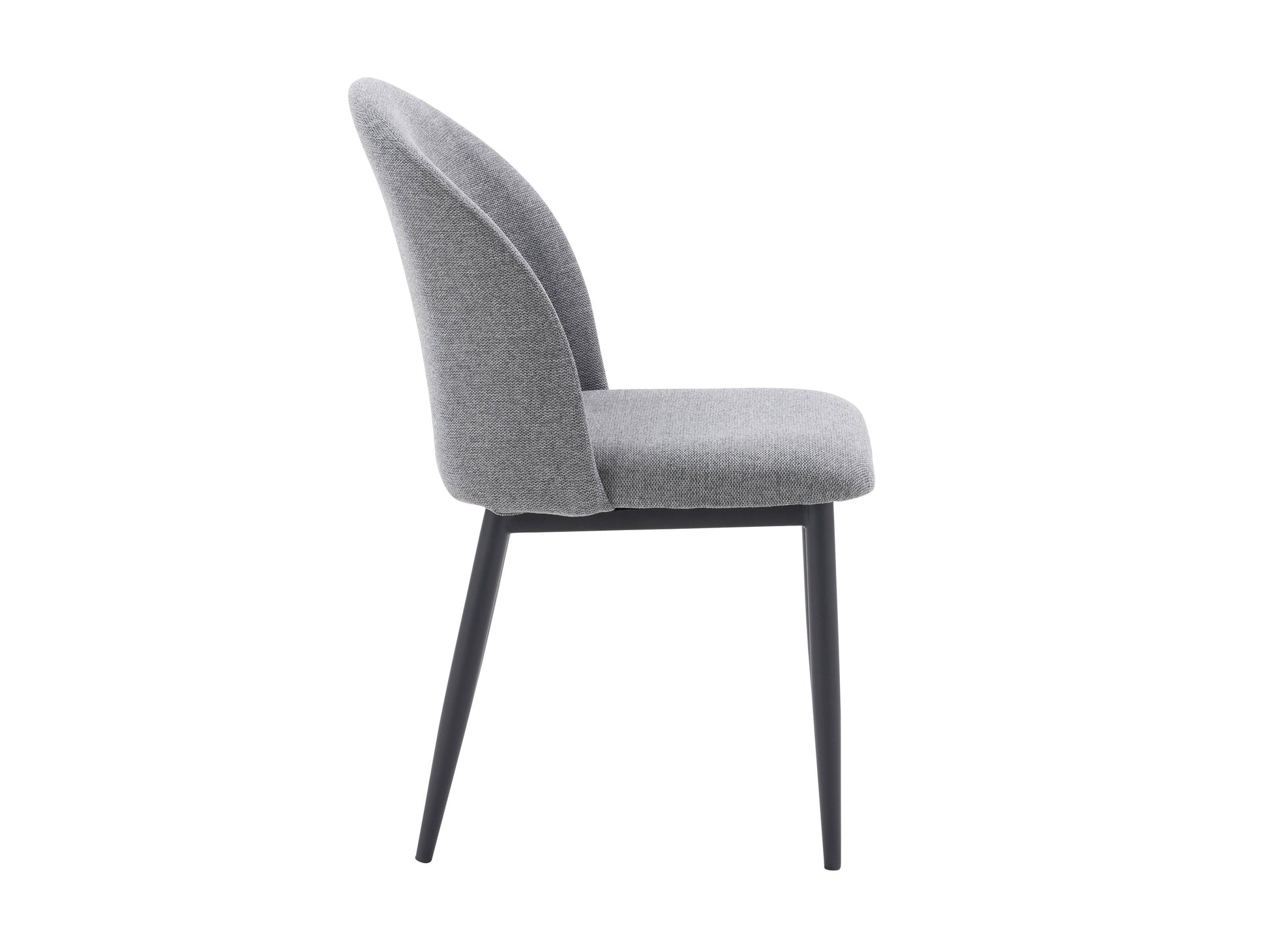 Set of 2 grey curved dining chairs with plush upholstery, sleek metal legs, and modern design, perfect for contemporary dining rooms, offering comfort and style with a minimalist aesthetic.