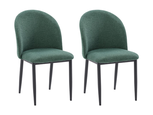 Dark green curved dining chairs set of 2 with plush velvet upholstery, sleek gold metal legs, and ergonomic backrest, perfect for modern dining rooms.