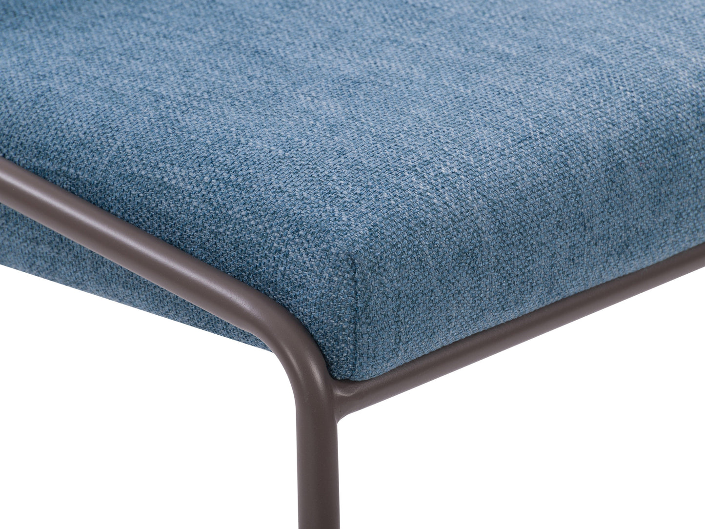 Blue modern bar stool with sleek metal legs, cushioned seat, and backrest. Features a minimalist design with a contemporary look, perfect for kitchen islands or home bars.