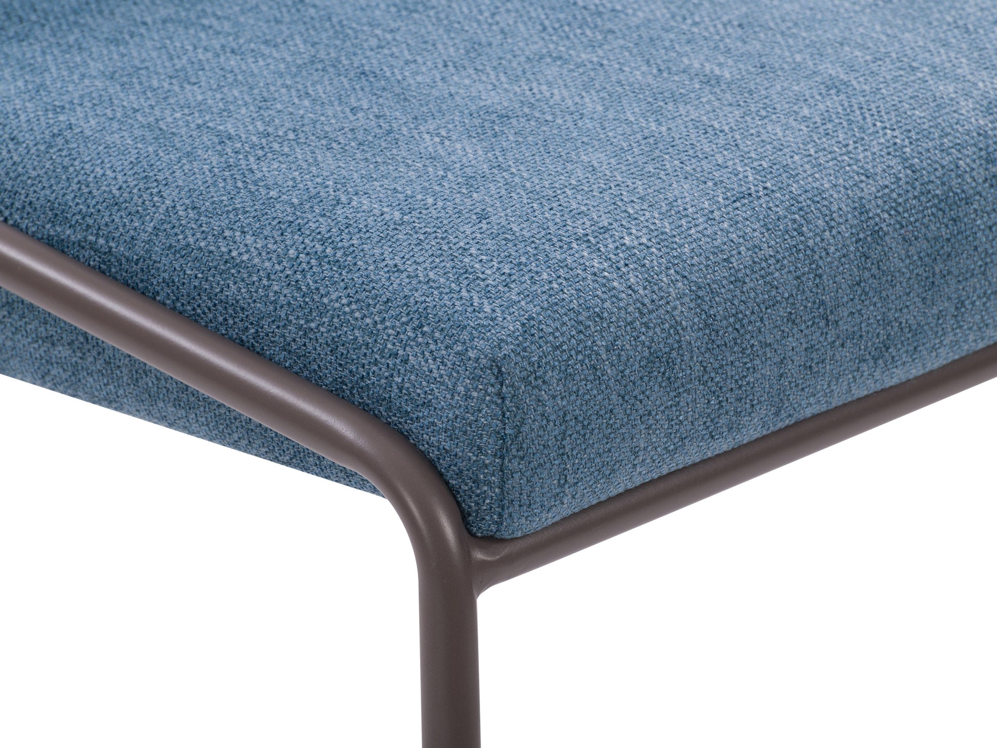 Blue modern bar stool with sleek metal legs, cushioned seat, and backrest. Features a minimalist design with a contemporary look, perfect for kitchen islands or home bars.