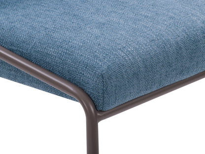 Blue modern bar stool with sleek metal legs, cushioned seat, and backrest. Features a minimalist design with a contemporary look, perfect for kitchen islands or home bars.