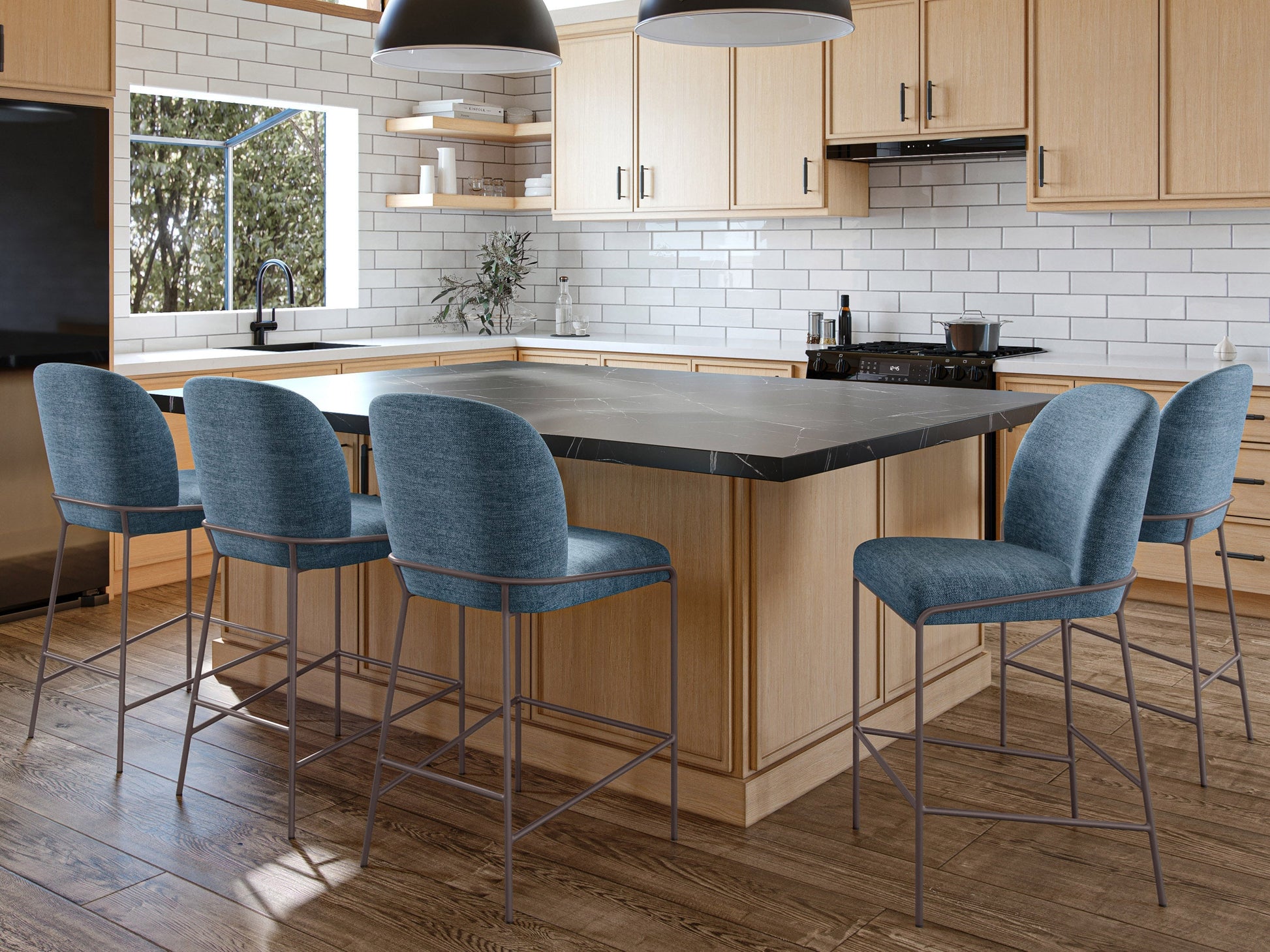Blue modern bar stool with sleek metal legs, cushioned seat, and backrest. Features a minimalist design with a contemporary look, perfect for kitchen islands or home bars.