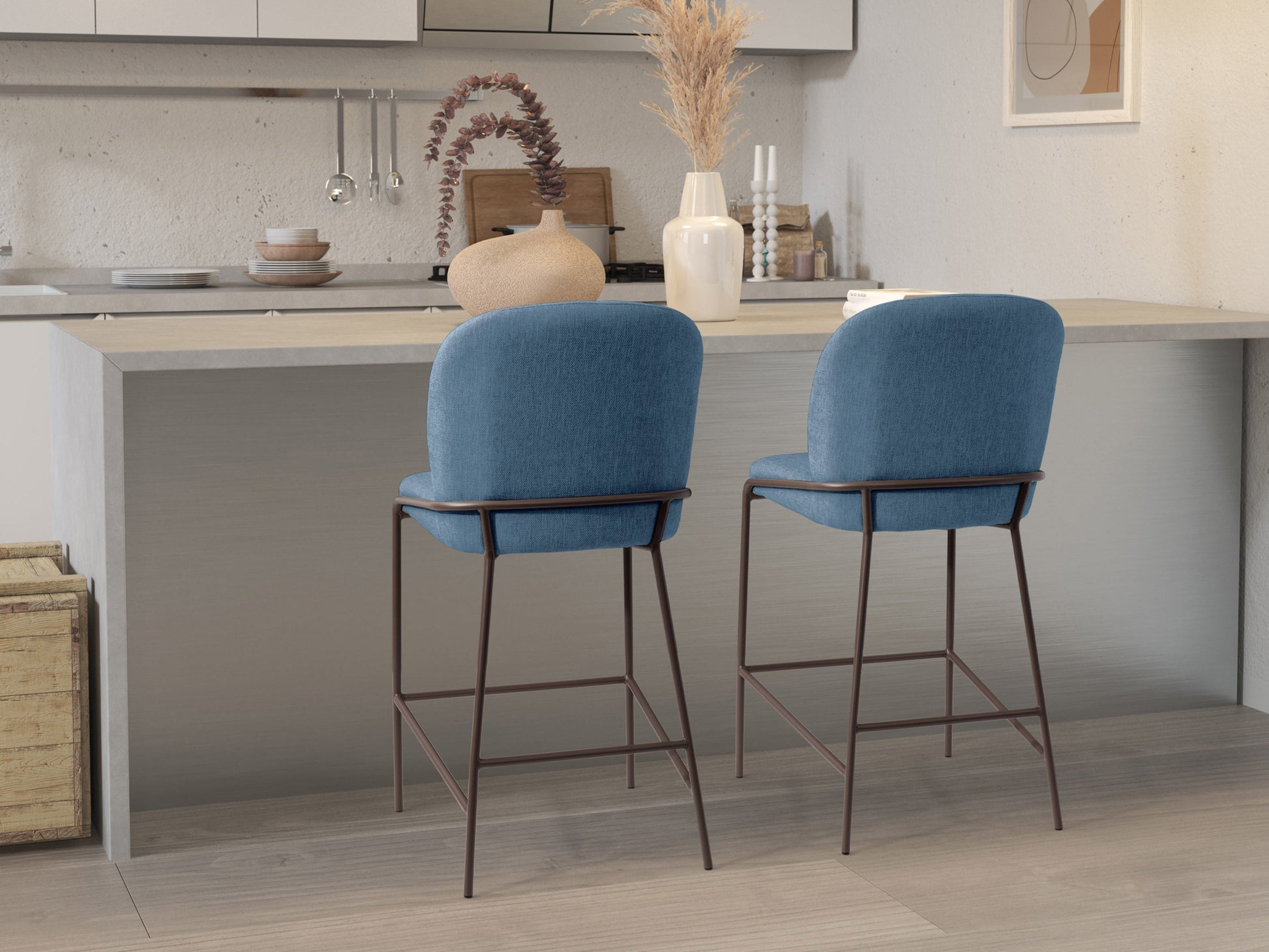 Blue modern bar stool with sleek metal legs, cushioned seat, and backrest. Features a minimalist design with a contemporary look, perfect for kitchen islands or home bars.