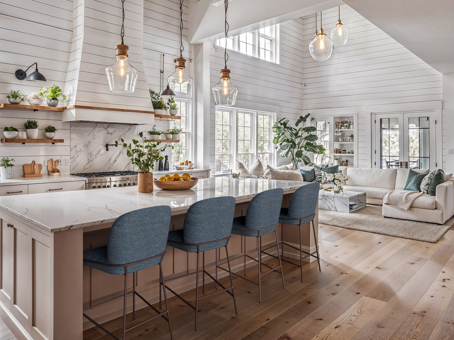 Blue modern bar stool with sleek metal legs, cushioned seat, and backrest. Features a minimalist design with a contemporary look, perfect for kitchen islands or home bars.