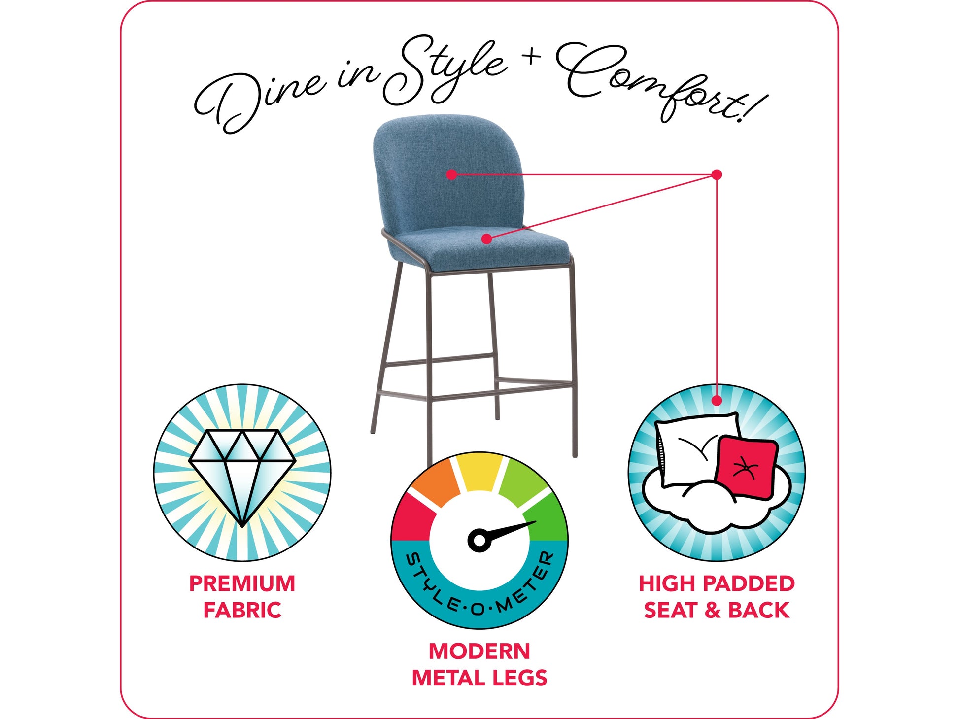 Blue modern bar stool with sleek metal legs, cushioned seat, and backrest. Features a minimalist design with a contemporary look, perfect for kitchen islands or home bars.