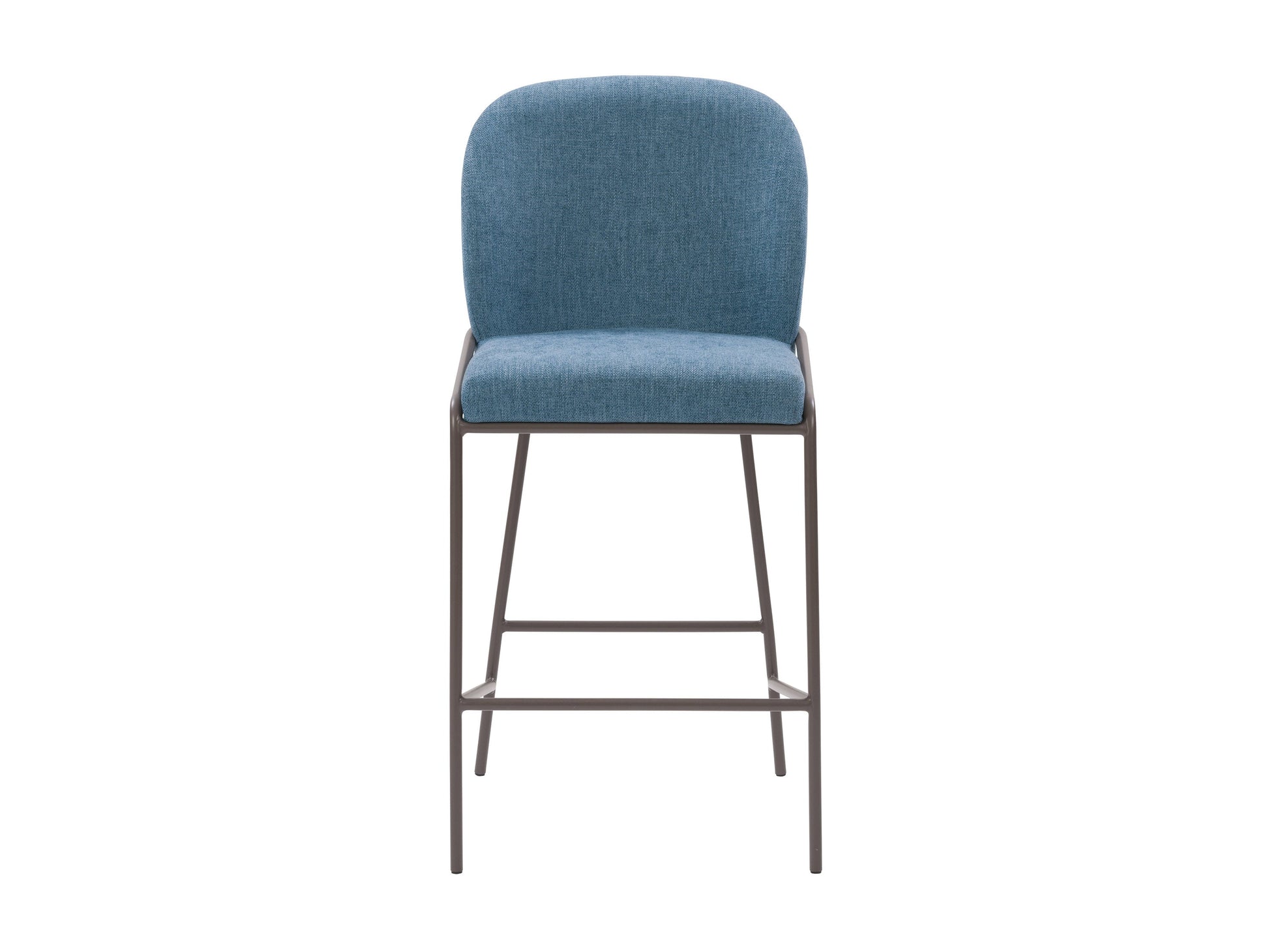 Blue modern bar stool with sleek metal legs, cushioned seat, and backrest. Features a minimalist design with a contemporary look, perfect for kitchen islands or home bars.