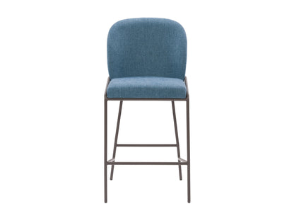 Blue modern bar stool with sleek metal legs, cushioned seat, and backrest. Features a minimalist design with a contemporary look, perfect for kitchen islands or home bars.