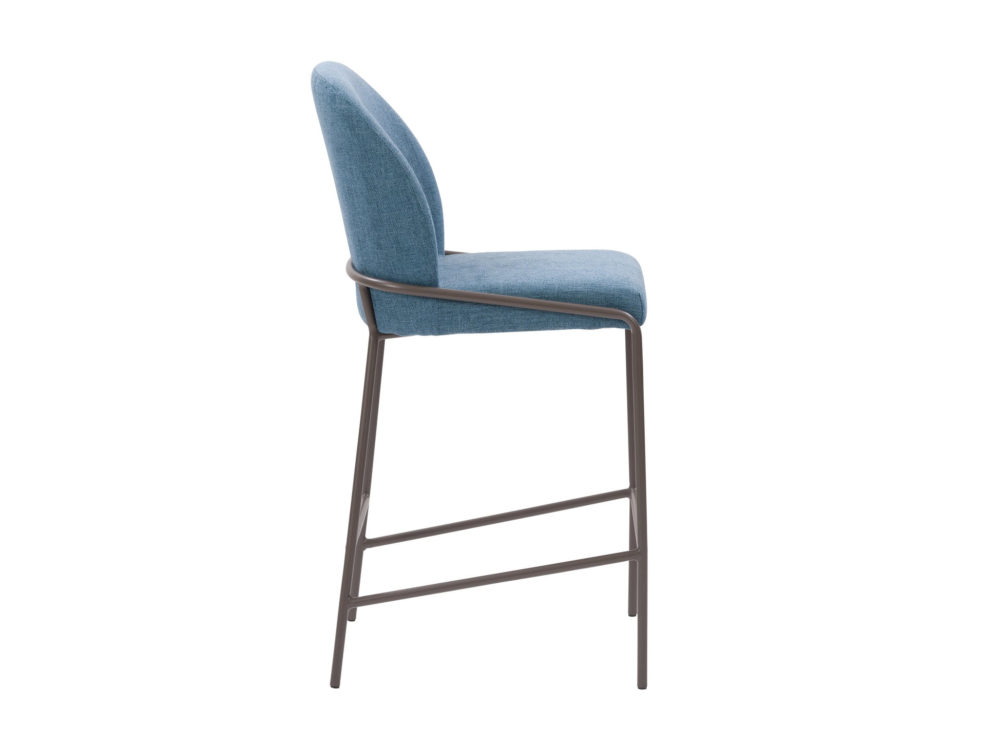 Blue modern bar stool with sleek metal legs, cushioned seat, and backrest. Features a minimalist design with a contemporary look, perfect for kitchen islands or home bars.