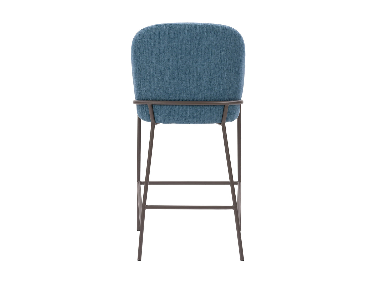 Blue modern bar stool with sleek metal legs, cushioned seat, and backrest. Features a minimalist design with a contemporary look, perfect for kitchen islands or home bars.