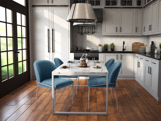 Set of 2 high back upholstered dining chairs in blue with wooden legs, featuring a soft fabric texture and sleek design, perfect for modern dining rooms.