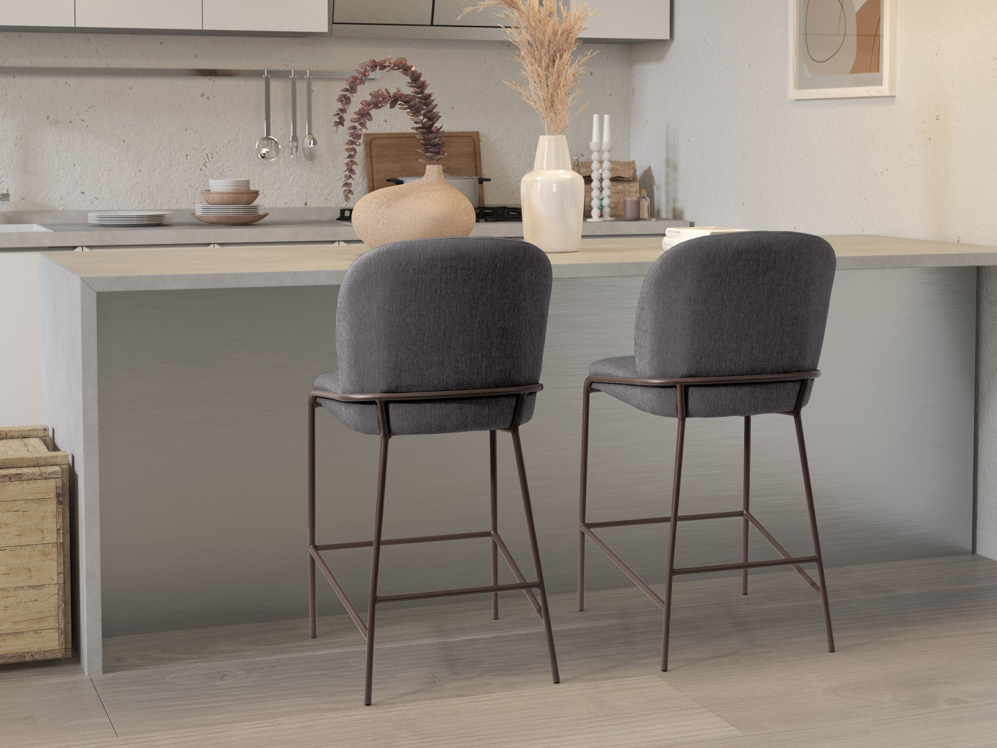 Dark grey modern bar stool with sleek metal legs, cushioned seat, and curved backrest; ideal for contemporary kitchen or bar settings.