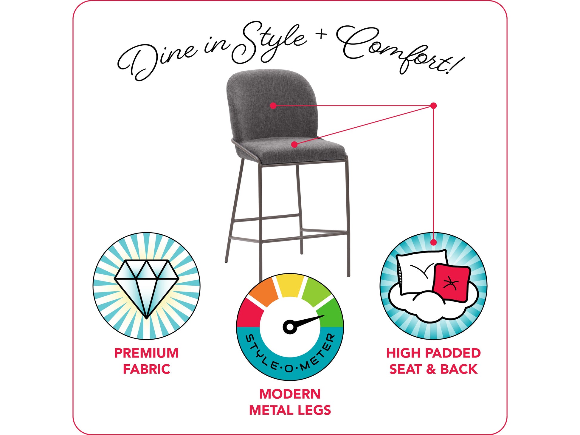 Dark grey modern bar stool with sleek metal legs, cushioned seat, and curved backrest; ideal for contemporary kitchen or bar settings.