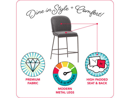 Dark grey modern bar stool with sleek metal legs, cushioned seat, and curved backrest; ideal for contemporary kitchen or bar settings.