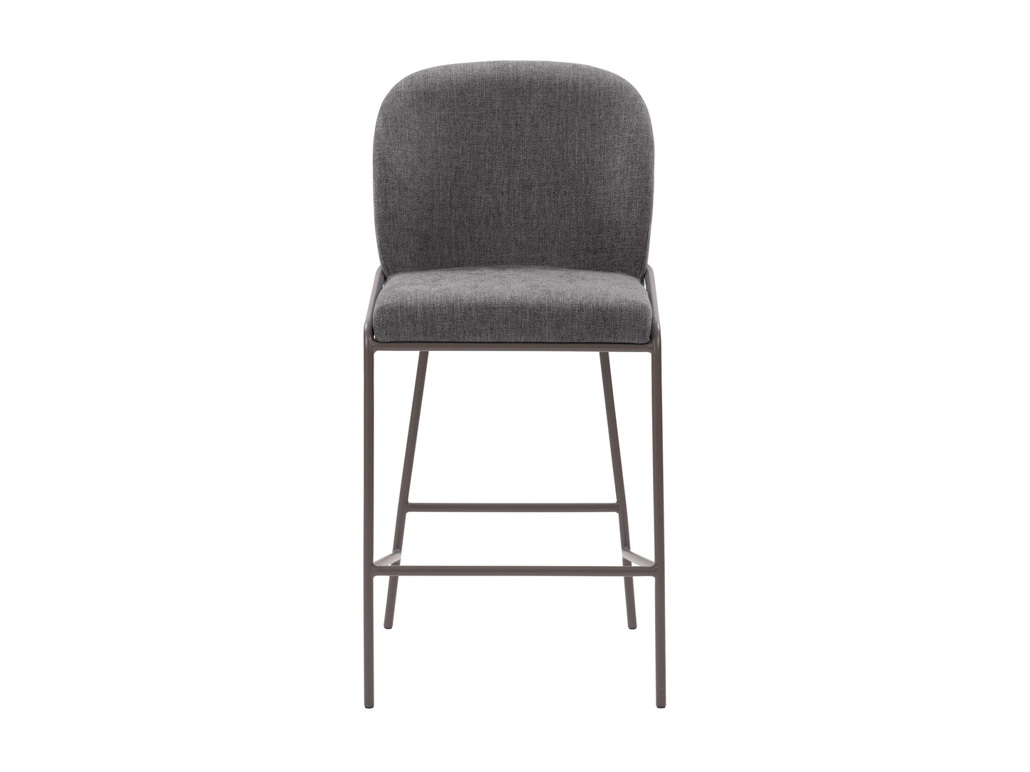 Dark grey modern bar stool with sleek metal legs, cushioned seat, and curved backrest; ideal for contemporary kitchen or bar settings.