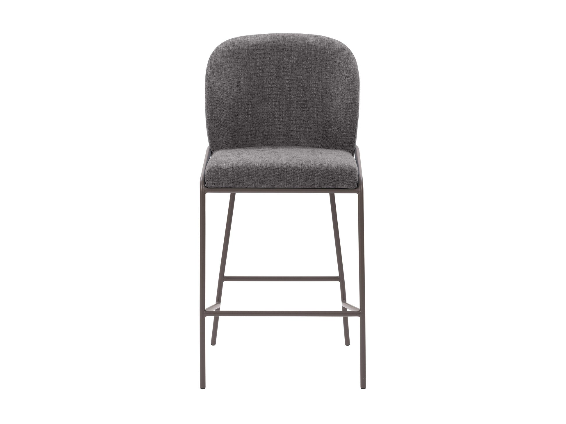 Dark grey modern bar stool with sleek metal legs, cushioned seat, and curved backrest; ideal for contemporary kitchen or bar settings.