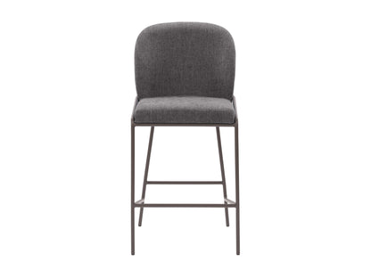 Dark grey modern bar stool with sleek metal legs, cushioned seat, and curved backrest; ideal for contemporary kitchen or bar settings.