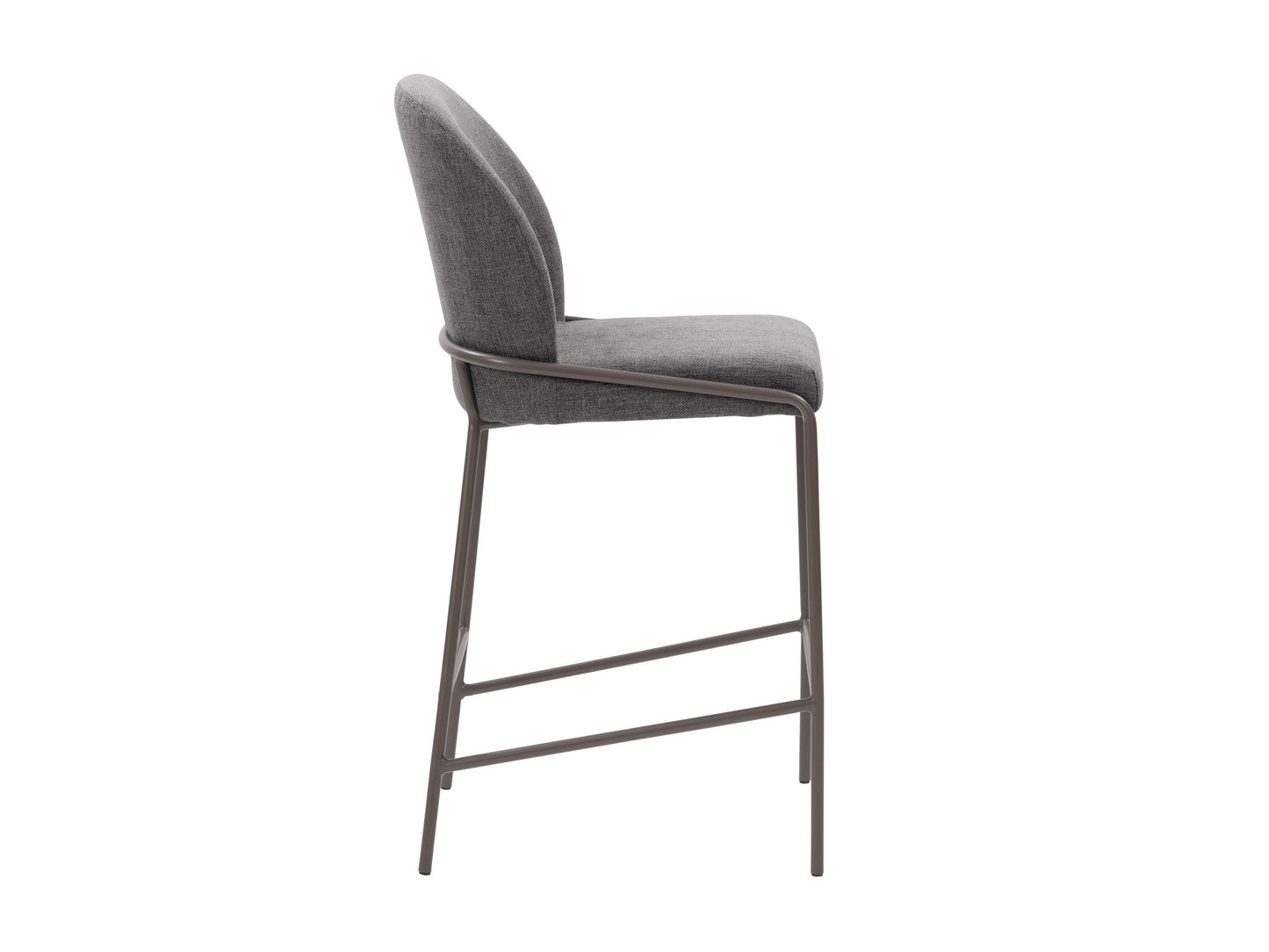 Dark grey modern bar stool with sleek metal legs, cushioned seat, and curved backrest; ideal for contemporary kitchen or bar settings.