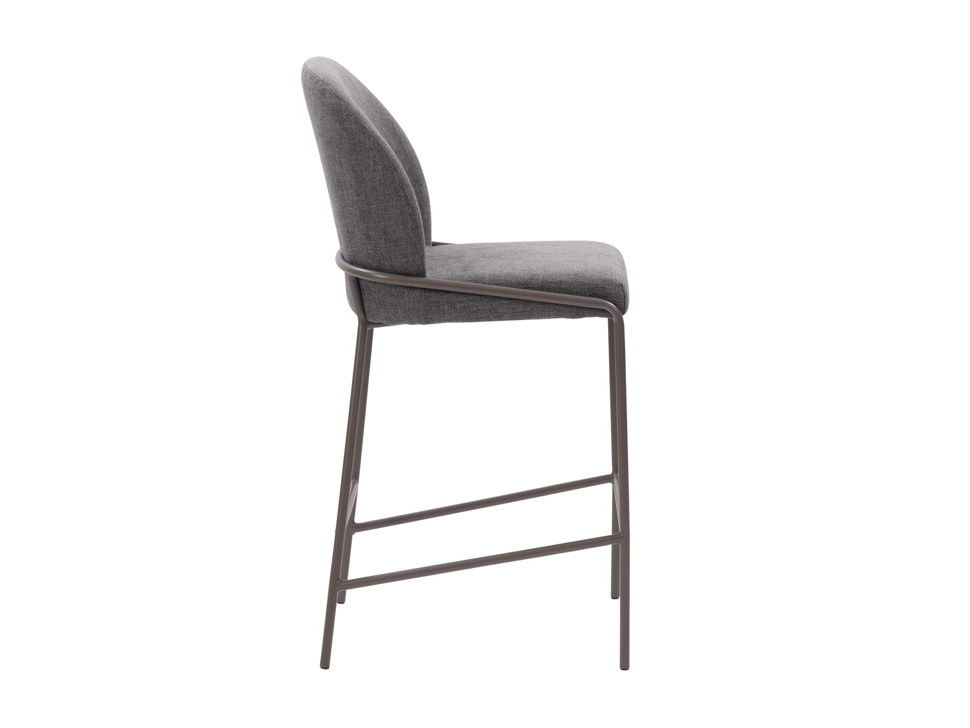 Dark grey modern bar stool with sleek metal legs, cushioned seat, and curved backrest; ideal for contemporary kitchen or bar settings.