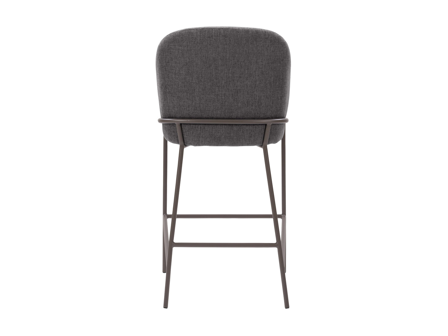 Dark grey modern bar stool with sleek metal legs, cushioned seat, and curved backrest; ideal for contemporary kitchen or bar settings.