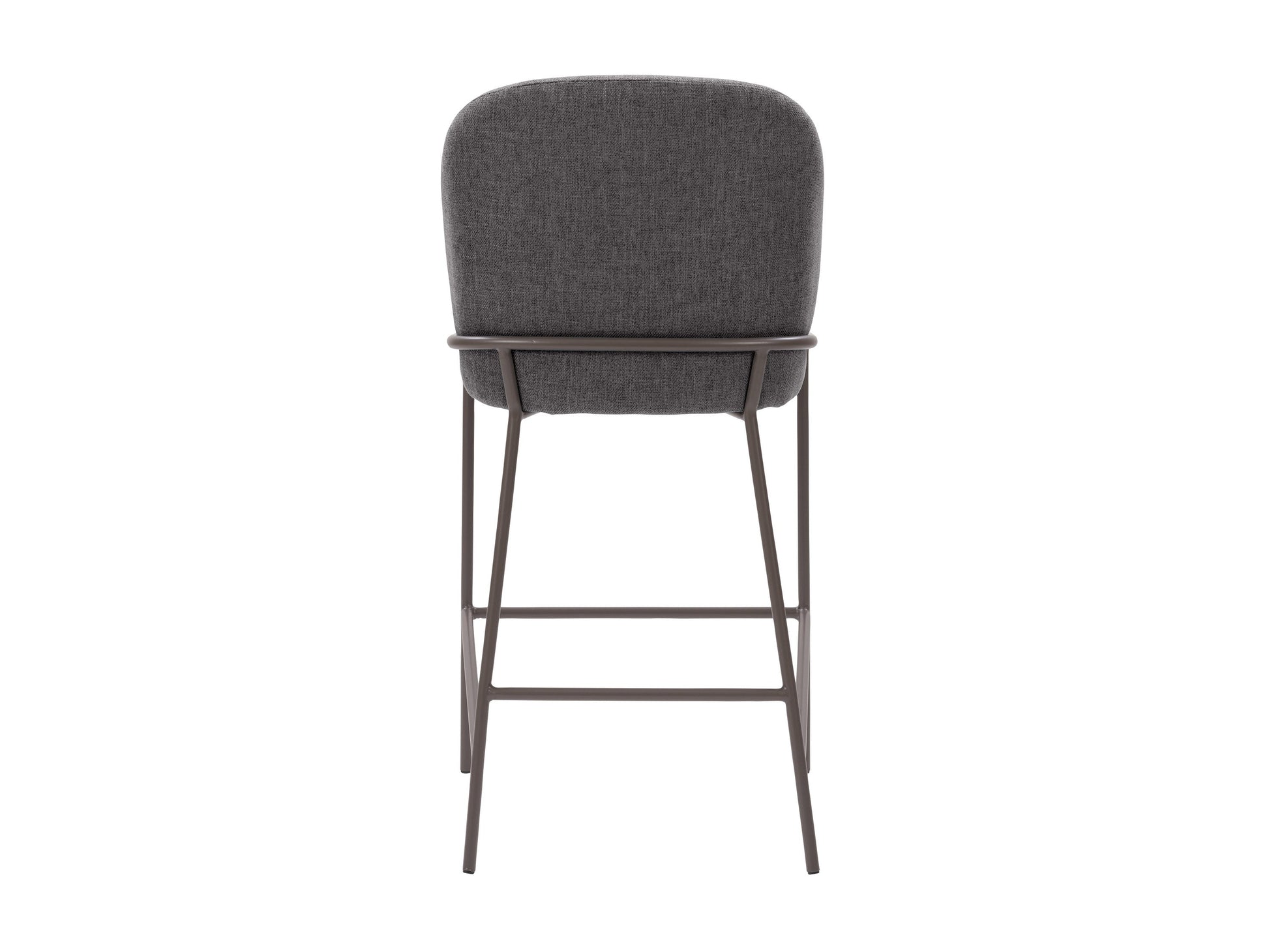 Dark grey modern bar stool with sleek metal legs, cushioned seat, and curved backrest; ideal for contemporary kitchen or bar settings.