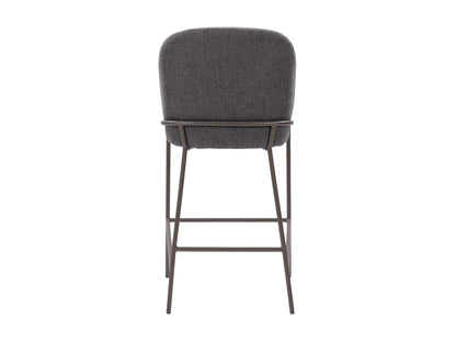 Dark grey modern bar stool with sleek metal legs, cushioned seat, and curved backrest; ideal for contemporary kitchen or bar settings.