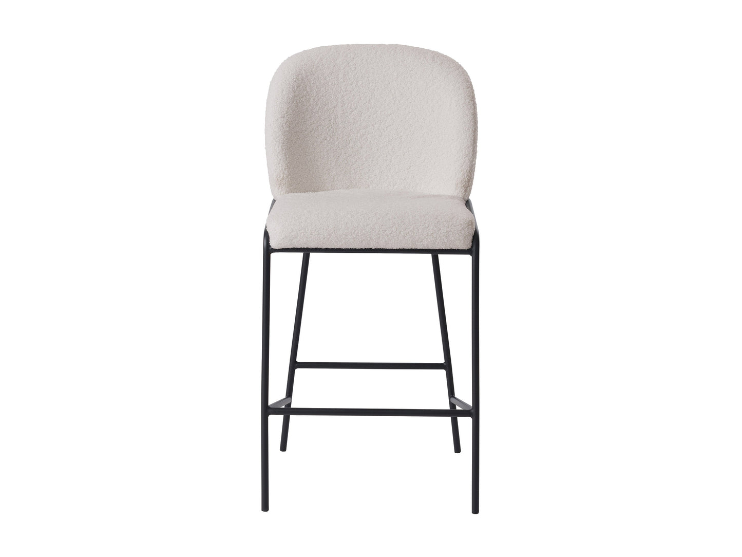 White boucle bar stool with plush, textured upholstery, sleek wooden legs, and a comfortable backrest, ideal for modern kitchens or home bars.