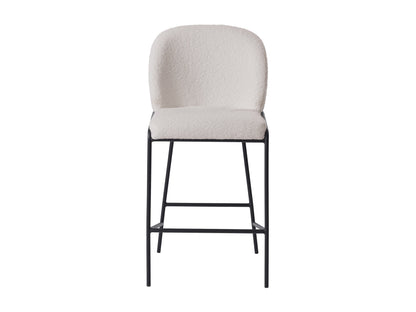 White boucle bar stool with plush, textured upholstery, sleek wooden legs, and a comfortable backrest, ideal for modern kitchens or home bars.