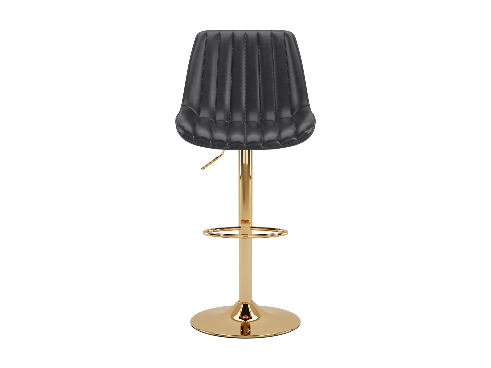 Gold adjustable bar stools set of 2 with black cushioned seats, sleek gold metal frames, footrests, and height adjustment feature, perfect for modern kitchens and home bars.