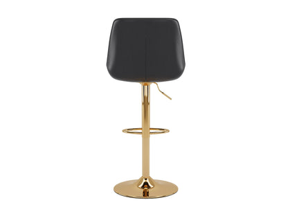Gold adjustable bar stools set of 2 with black cushioned seats, sleek gold metal frames, footrests, and height adjustment feature, perfect for modern kitchens and home bars.