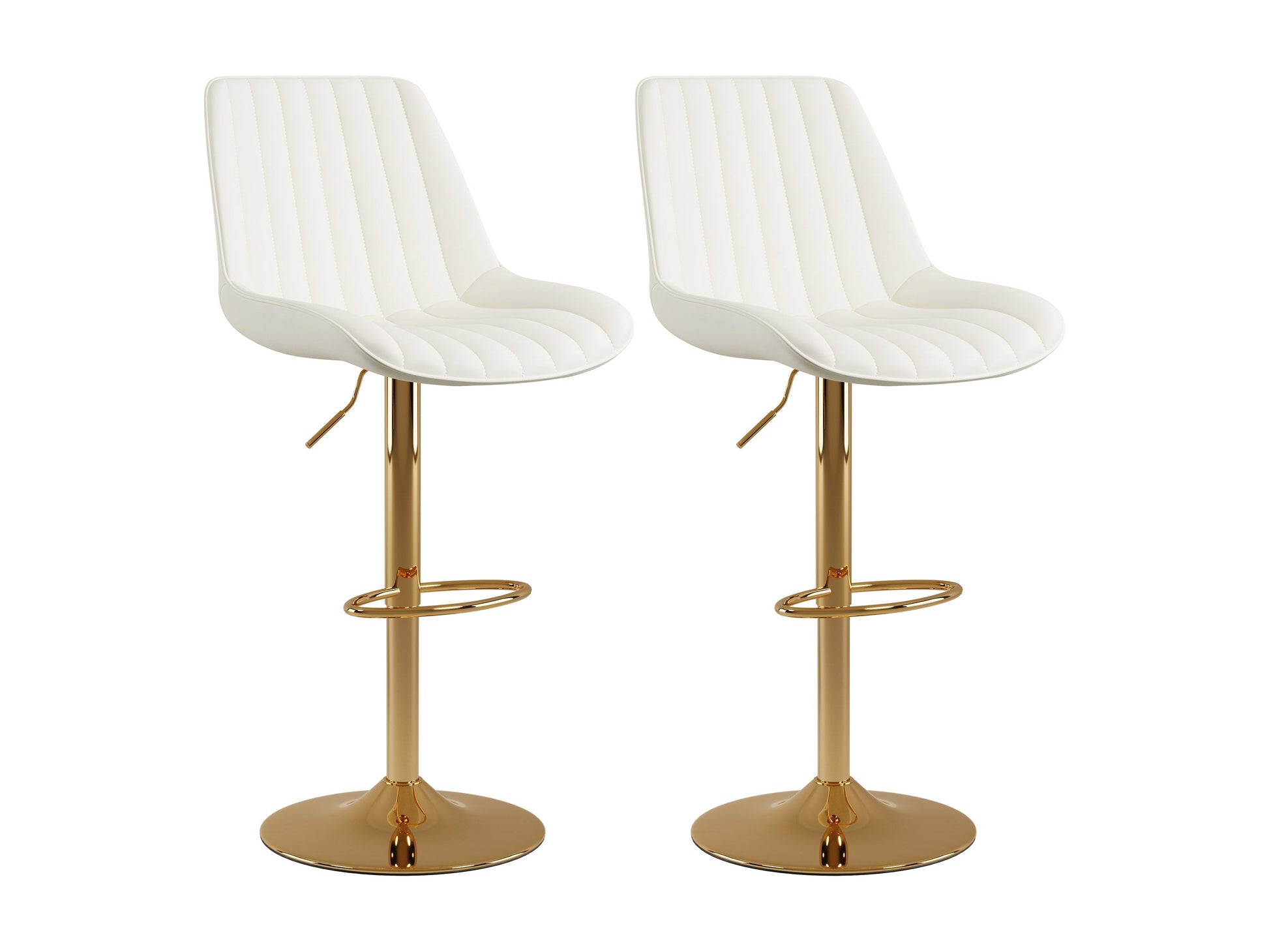 Elegant adjustable gold bar stools set of 2 with white cushioned seats, sleek metal frames, footrests, and swivel functionality, perfect for modern kitchen or bar area.