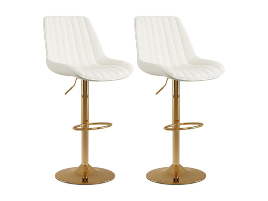 Elegant adjustable gold bar stools set of 2 with white cushioned seats, sleek metal frames, footrests, and swivel functionality, perfect for modern kitchen or bar area.