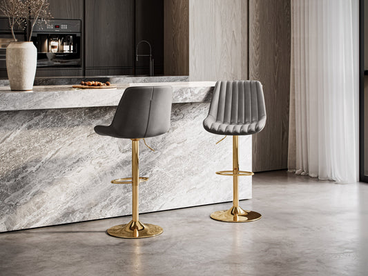 Alt Text: Set of 2 adjustable gold bar stools with grey cushioned seats, featuring sleek metal frames and footrests, perfect for modern kitchen or bar areas.